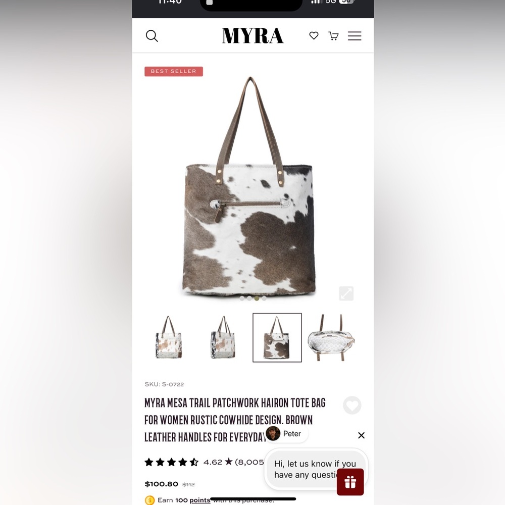 Myra Bag Cowhide Tote Bag with Leather Straps brown & White